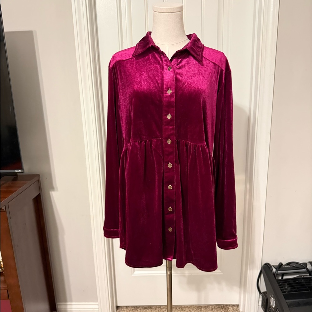 Umgee Magenta Velvet Button-Down Blouse